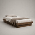 Lit plateforme 2 places en bois marron noyer avec sommier à lattes, pour matelas 140 × 190 cm, dimensions 150 × 200 × 35 cm