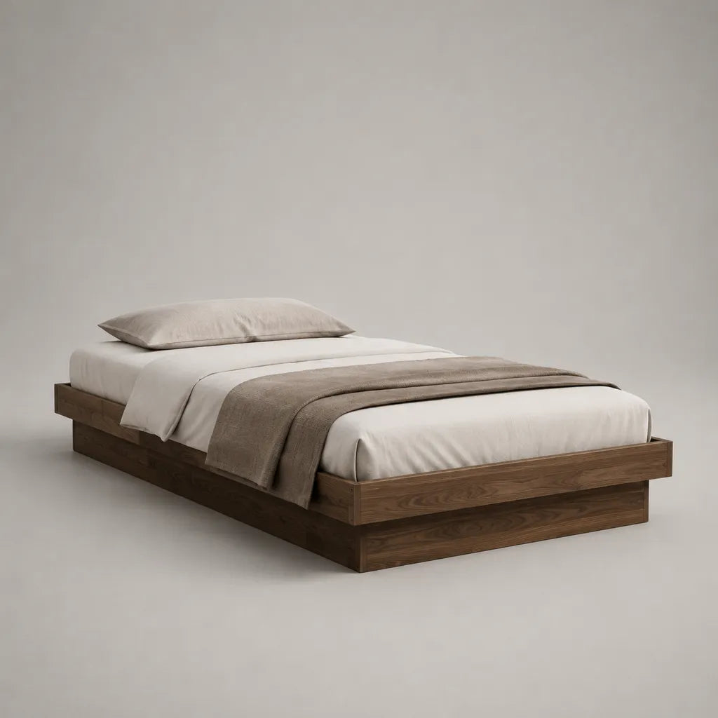 Lit plateforme 2 places en bois marron noyer avec sommier à lattes, pour matelas 140 × 190 cm, dimensions 150 × 200 × 35 cm