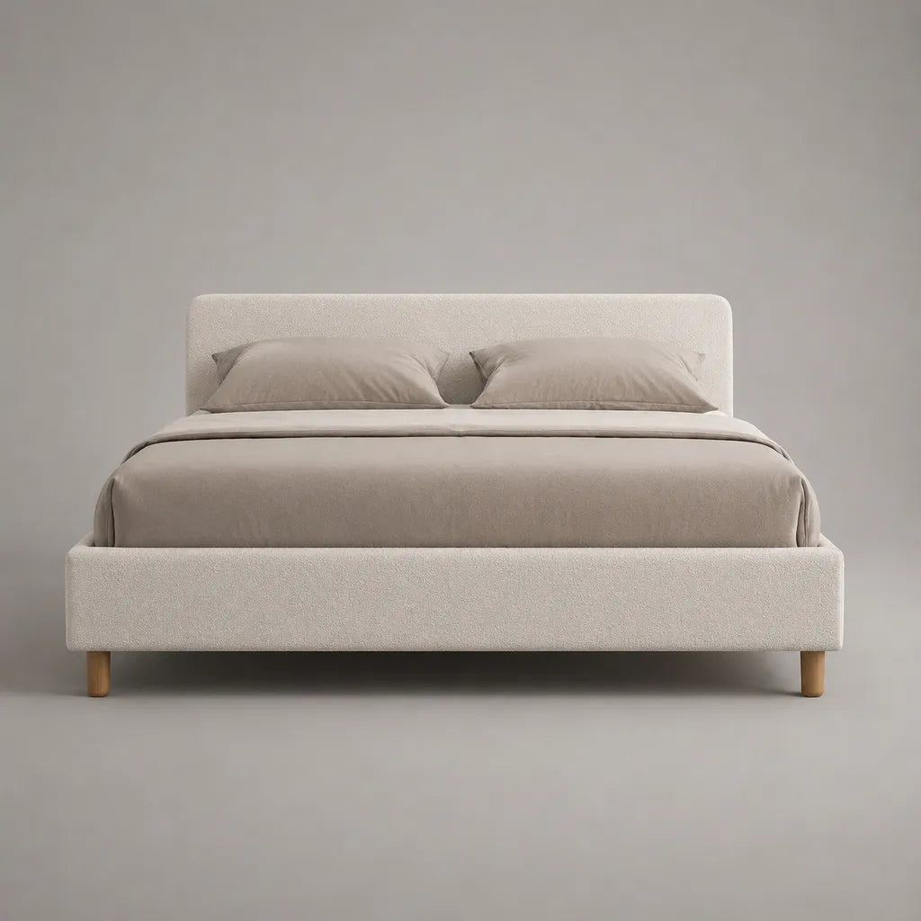 Lit double rembourré 160 × 200 cm en tissu bouclé blanc cassé avec tête de lit rectangulaire