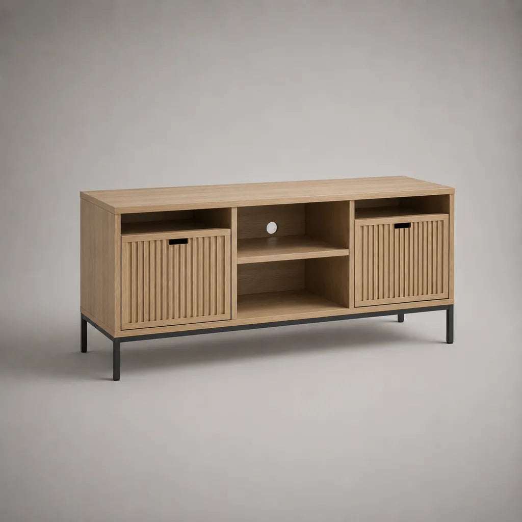 Meuble TV rectangulaire avec 2 portes et étagères en panneaux de particules effet chêne et acier noir, 140 × 40 × 65 cm