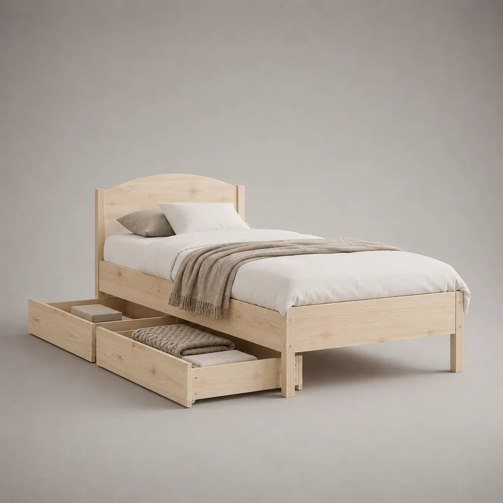 Lit une place en pin massif naturel avec 2 tiroirs, couchage 90 × 190 cm