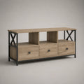 Meuble TV rectangulaire en bois et métal avec 3 tiroirs et 3 niches, chêne naturel et noir, 140 × 40 × 60 cm