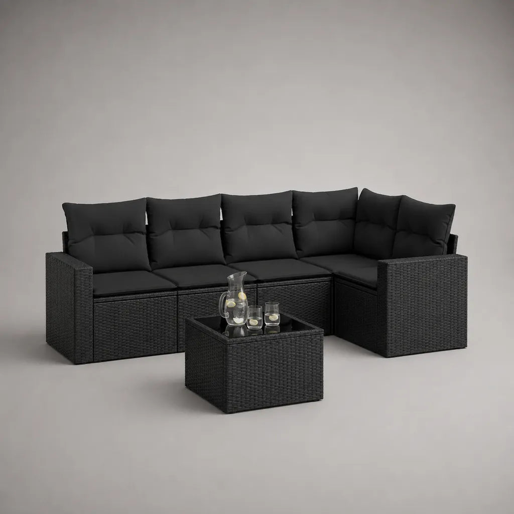 Salon de jardin 7 pièces, canapé d’angle modulable 6 places et table basse, résine tressée PE et acier thermolaqué noir, 250 × 190 × 72 cm