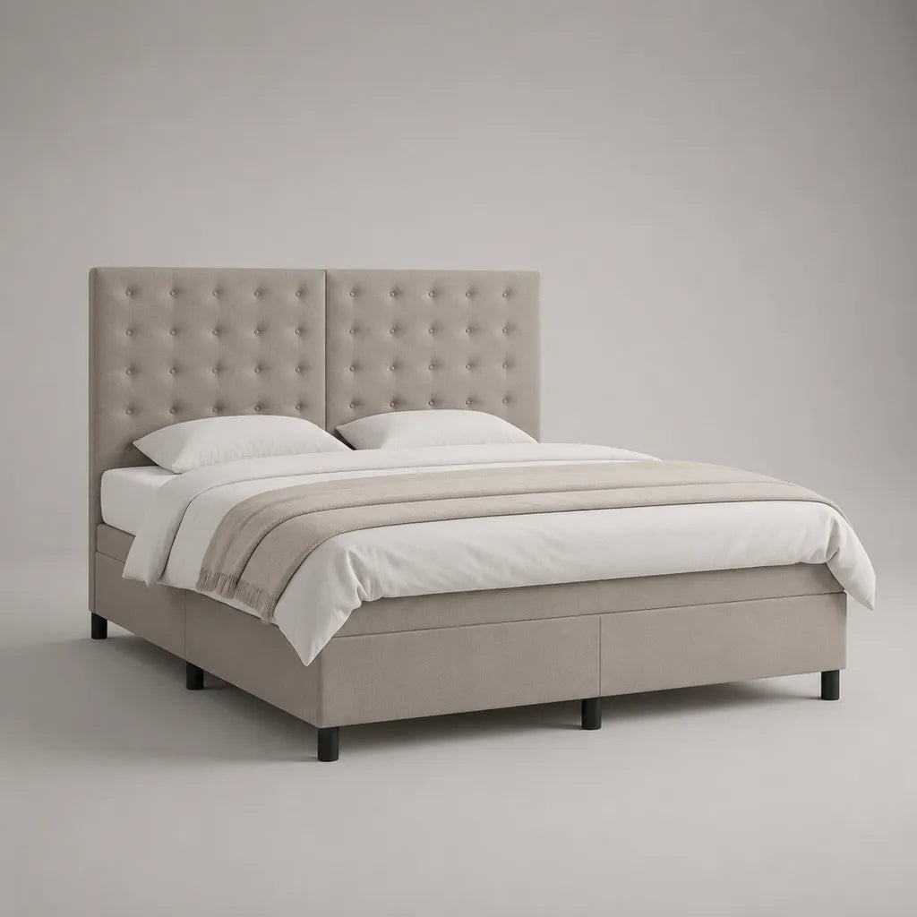 Ensemble de lit double 180 × 200 cm en tissu beige avec matelas, 2 sommiers et tête de lit capitonnée