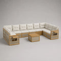 Salon de jardin modulable en U 7 pièces en bois et résine tressée beige avec coussins écrus et table, 305 × 215 × 83 cm
