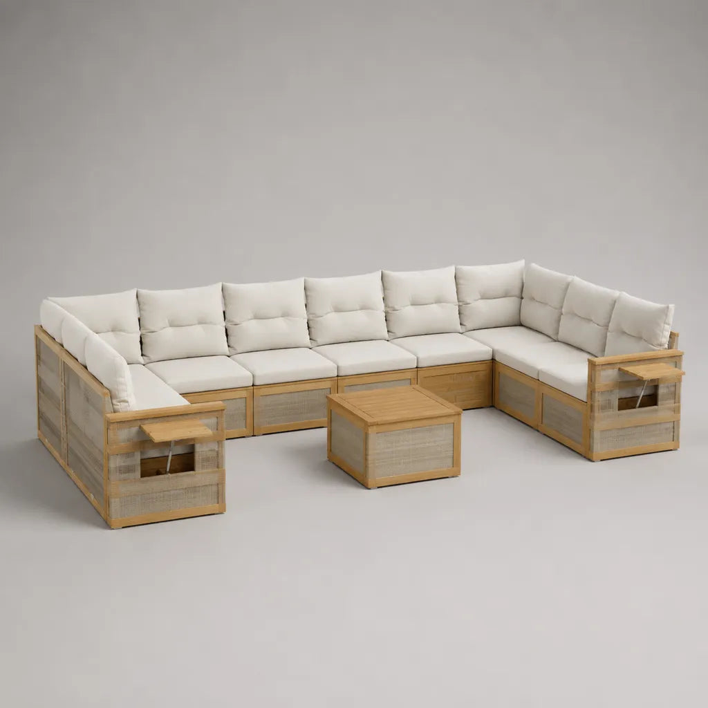 Salon de jardin modulable en U 7 pièces en bois et résine tressée beige avec coussins écrus et table, 305 × 215 × 83 cm
