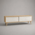 Meuble TV bas en panneaux de particules et MDF, 2 portes coulissantes, chêne naturel et blanc, 140 × 40 × 55 cm