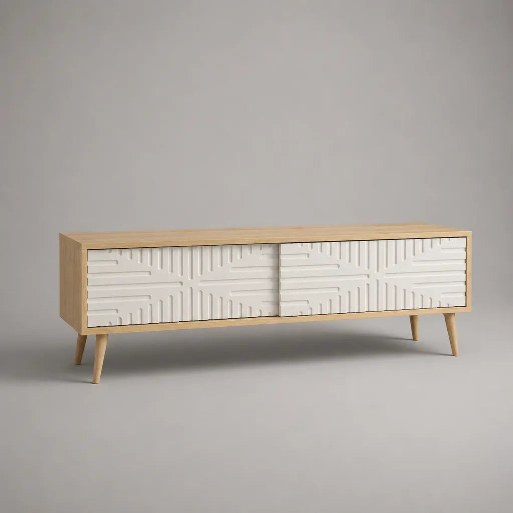 Meuble TV bas en panneaux de particules et MDF, 2 portes coulissantes, chêne naturel et blanc, 140 × 40 × 55 cm