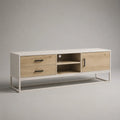 Meuble TV rectangulaire en bois et acier avec 2 tiroirs, 1 porte et 2 niches, blanc, chêne clair et noir, 160 × 40 × 60 cm