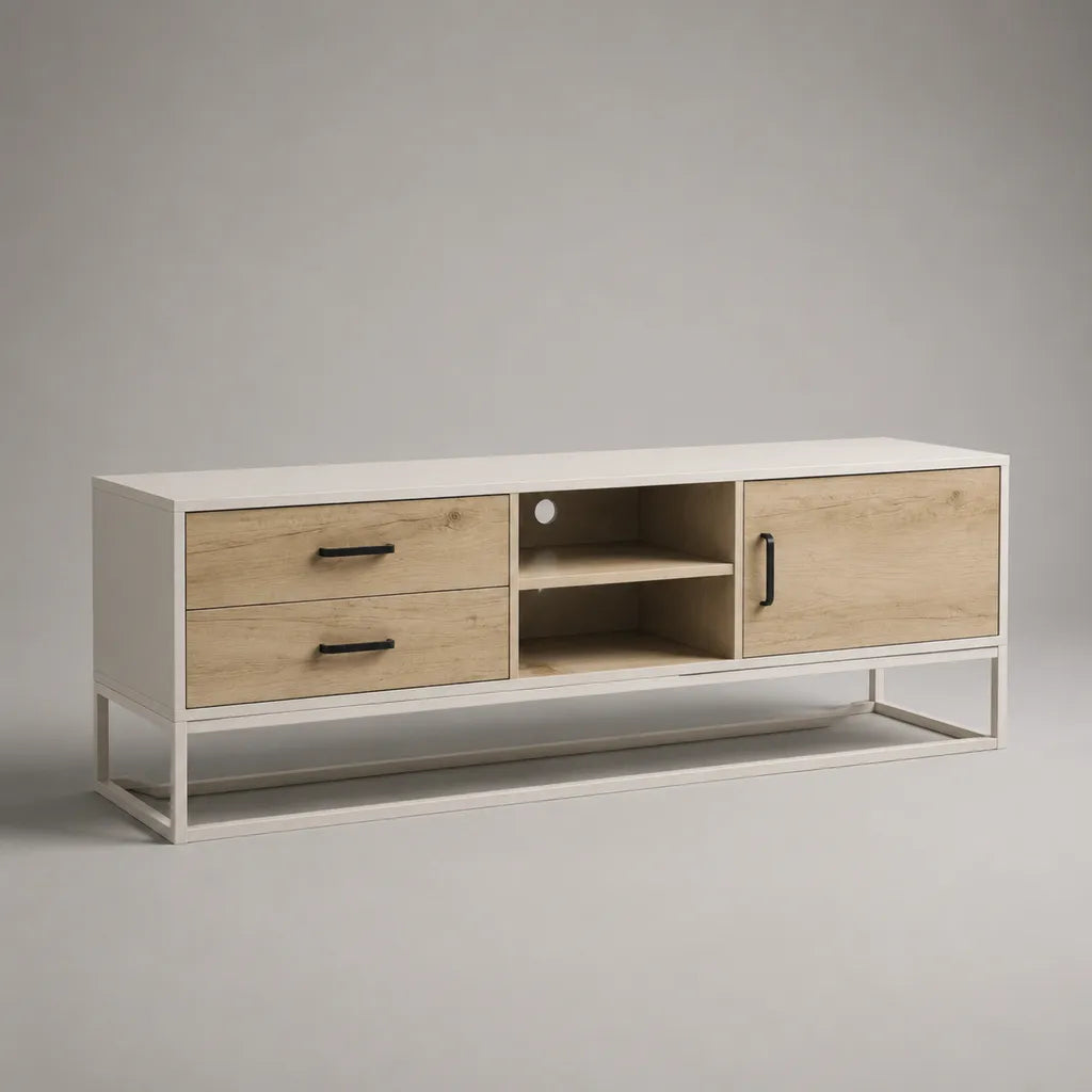 Meuble TV rectangulaire en bois et acier avec 2 tiroirs, 1 porte et 2 niches, blanc, chêne clair et noir, 160 × 40 × 60 cm
