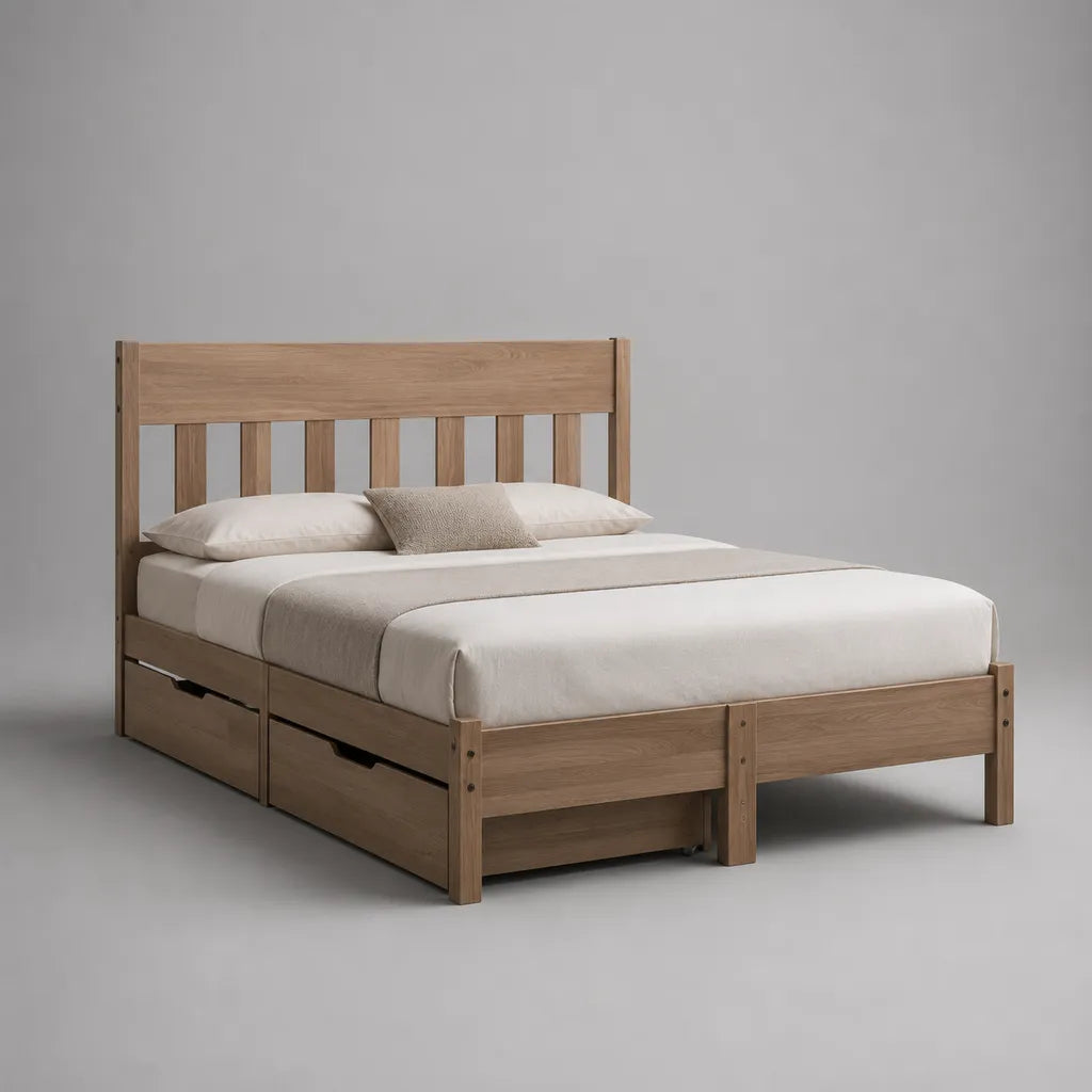 Lit double en bois avec 4 tiroirs, finition chêne naturel, 210 x 168 x 110 cm, couchage 160 x 200 cm
