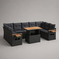 Salon de jardin repas 11 places en résine tressée PE, acier et bois, noir, anthracite et brun naturel, 295 × 220 × 73 cm