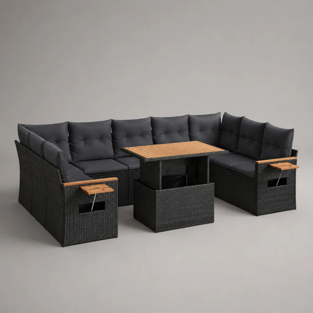 Salon de jardin repas 11 places en résine tressée PE, acier et bois, noir, anthracite et brun naturel, 295 × 220 × 73 cm