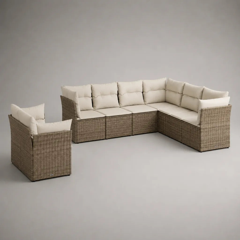Salon de jardin d’angle 5 places en résine tressée et acier, taupe et beige, 260 x 190 x 74 cm