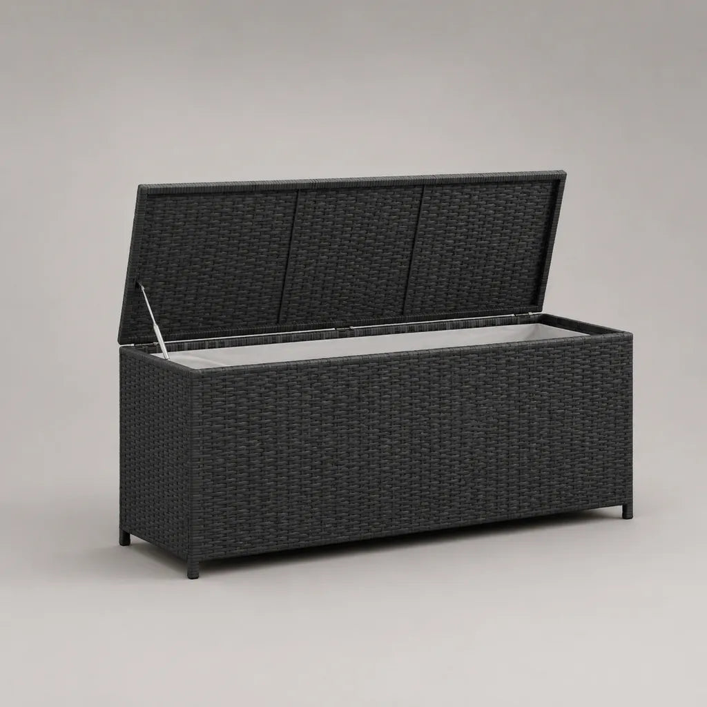 Coffre de jardin rectangulaire en résine tressée anthracite, 150 × 50 × 60 cm