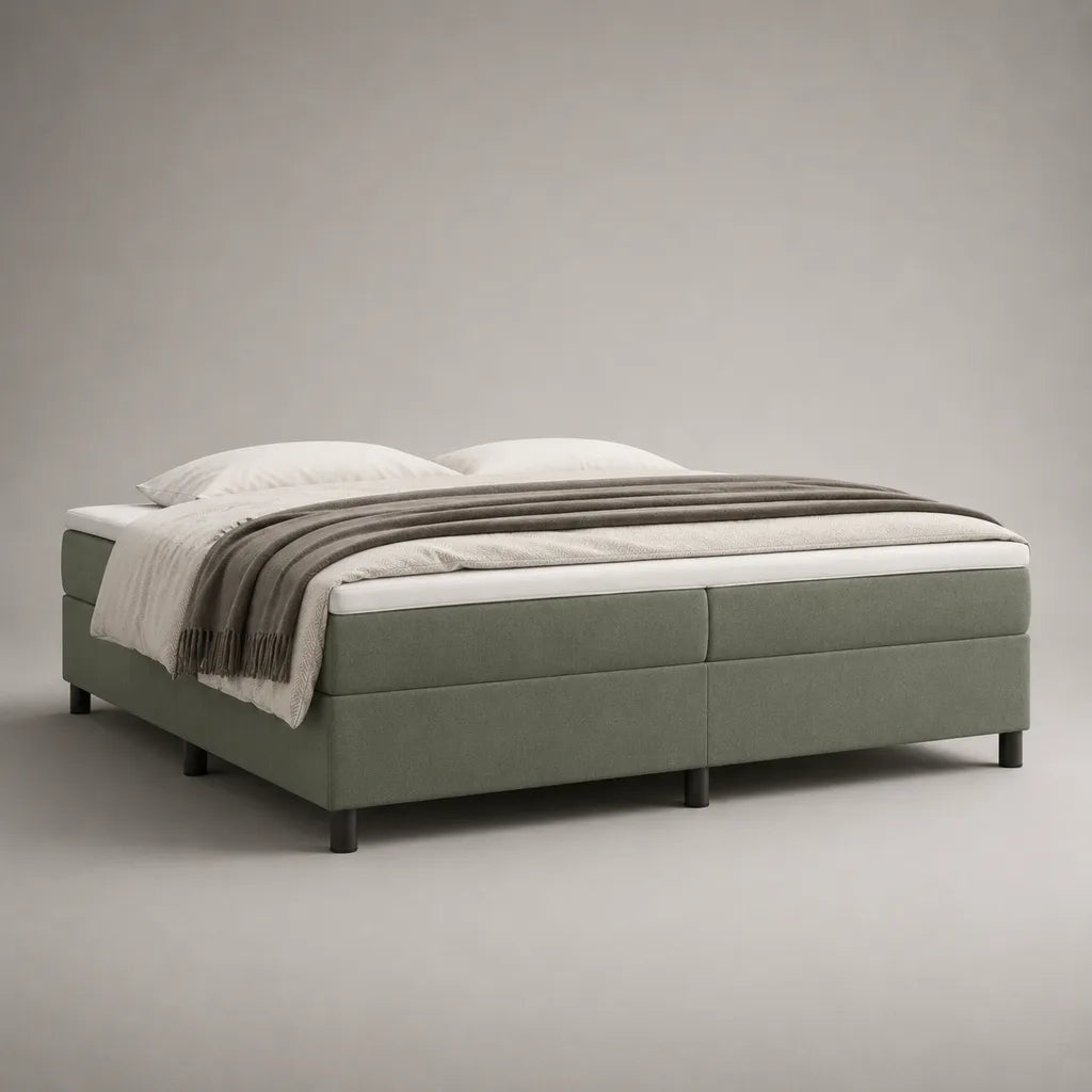 Lit continental double en tissu vert sauge avec matelas et surmatelas, couchage 160 × 200 cm