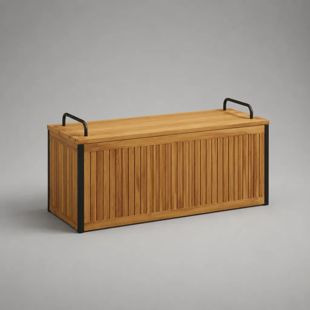 Coffre de rangement extérieur en bois et métal naturel et noir, 120 × 45 × 60 cm