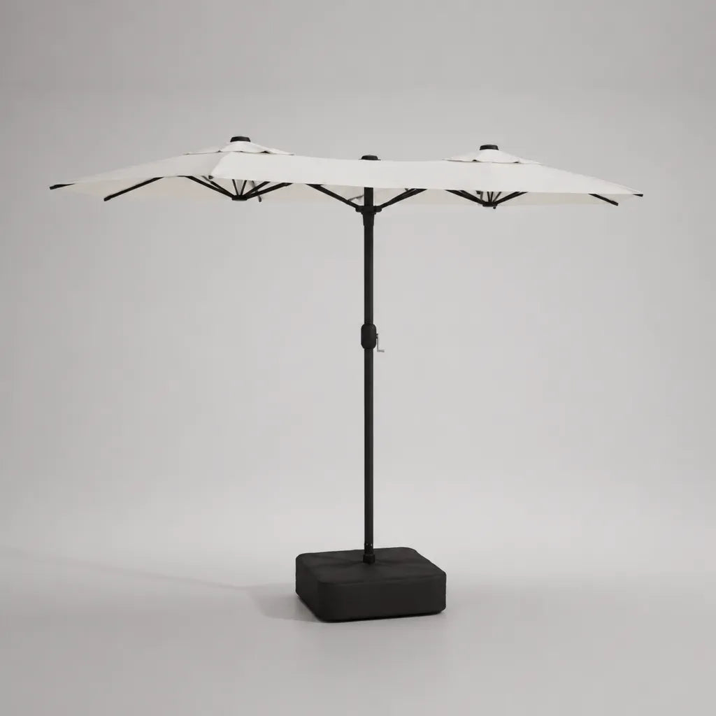 Parasol de jardin triple rectangulaire en métal et tissu avec base remplissable, blanc cassé et noir, 460 × 270 × 240 cm