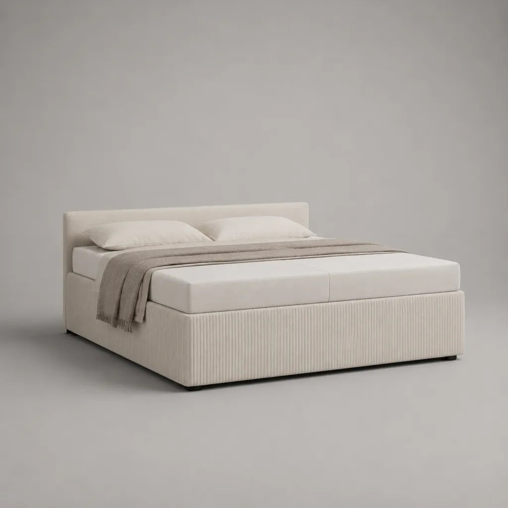 Lit double rembourré en tissu blanc cassé avec sommier à lattes, couchage 160 × 200 cm, dimensions 180 × 220 × 100 cm