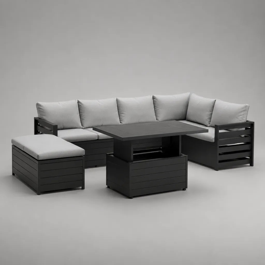 Salon de jardin d’angle 4 pièces en aluminium anthracite avec coussins gris clair et table relevable, 230 × 230 × 70 cm