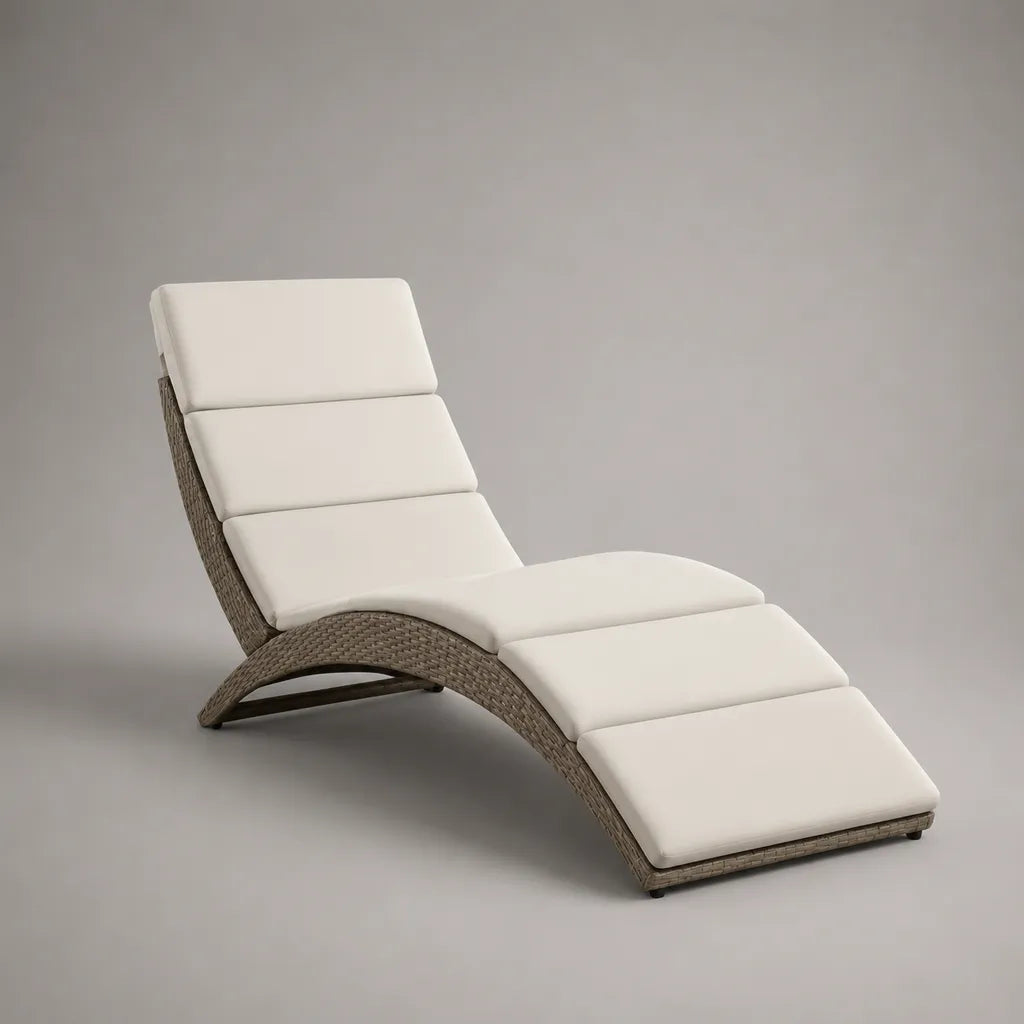 Bain de soleil incurvé d’extérieur en résine tressée et acier avec coussin en polyester, taupe et écru, 195 × 65 × 82 cm