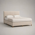 Lit double rembourré en tissu beige avec sommier à lattes, couchage 160 × 200 cm, dimensions 168 × 213 × 110 cm