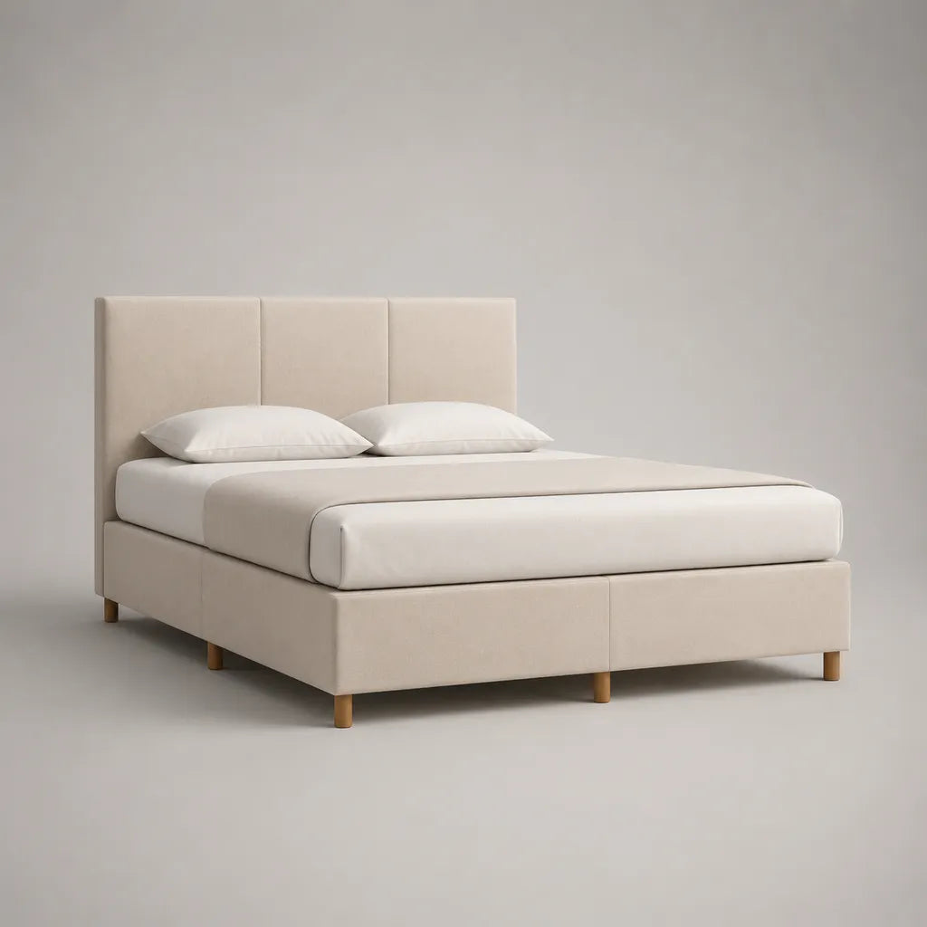 Lit double rembourré en tissu beige avec sommier à lattes, couchage 160 × 200 cm, dimensions 168 × 213 × 110 cm