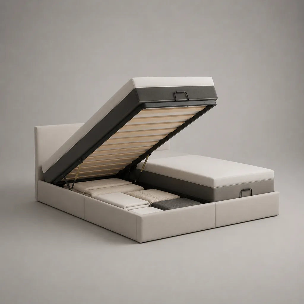 Lit coffre double 160 x 200 cm blanc et noir en acier, bois et similicuir avec 2 sommiers relevables indépendants