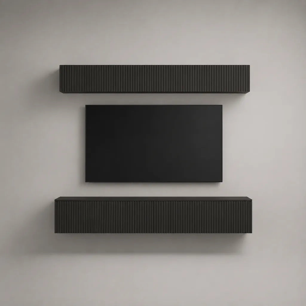 Ensemble de 2 meubles TV muraux en MDF rainuré et panneaux de particules noir mat, 180 × 35 × 40 cm et 160 × 30 × 30 cm