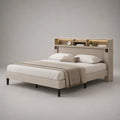 Lit double en tissu polyester beige 160 x 200 cm avec tête de lit à rangements et éclairage LED, 176 x 218 x 150 cm