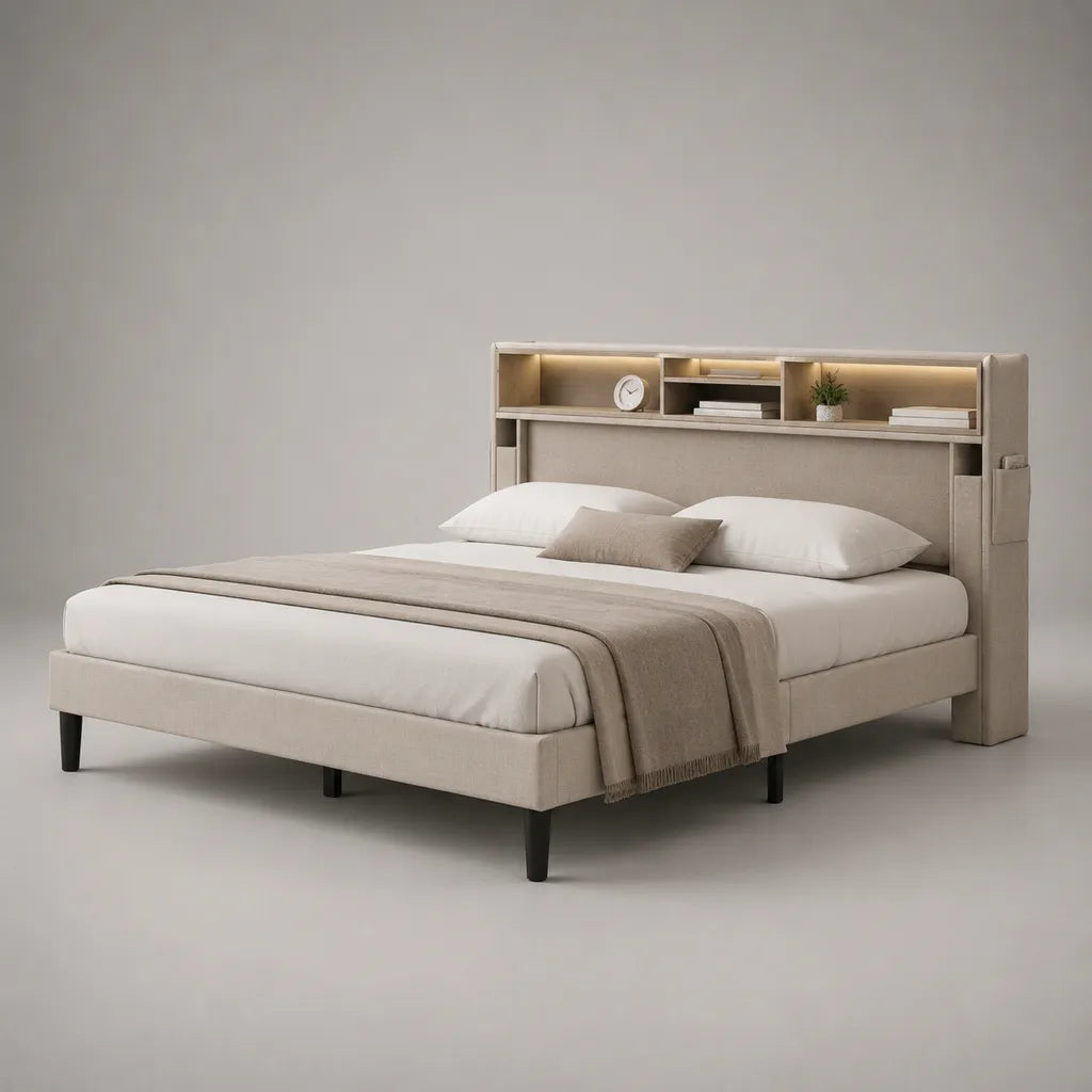 Lit double en tissu polyester beige 160 x 200 cm avec tête de lit à rangements et éclairage LED, 176 x 218 x 150 cm