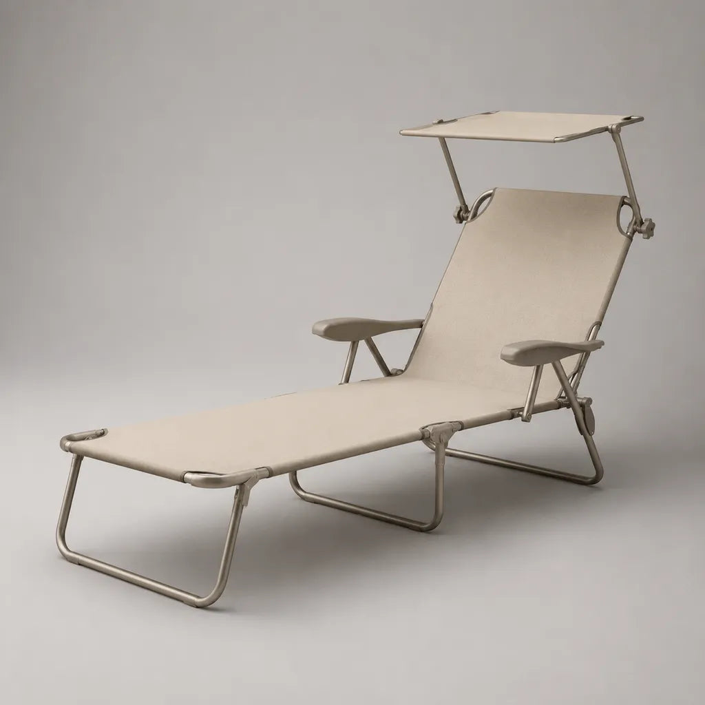 Bain de soleil pliable avec pare-soleil réglable en polyester enduit de PVC et acier, beige et taupe, 188 × 67 × 112 cm