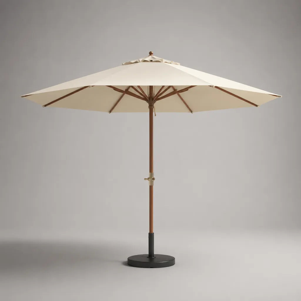Parasol de jardin droit octogonal en polyester et bois massif, écru, Ø 300 × H 250 cm, avec socle