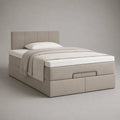 Lit coffre double rembourré en tissu beige avec sommier à lattes et tête de lit, couchage 140 × 190 cm, dimensions 202 × 150 × 110 cm