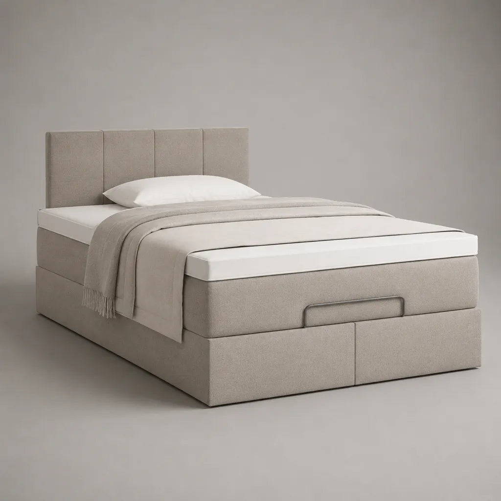 Lit coffre double rembourré en tissu beige avec sommier à lattes et tête de lit, couchage 140 × 190 cm, dimensions 202 × 150 × 110 cm