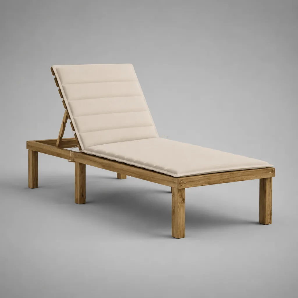 Bain de soleil d’extérieur réglable en bois massif avec coussin en polyester écru, 200 × 70 × 83 cm