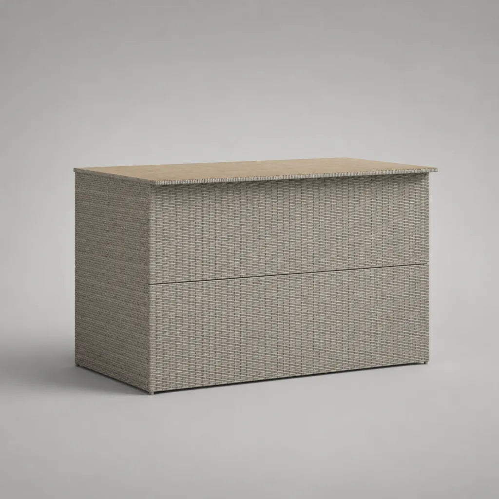 Coffre de jardin rectangulaire en résine tressée PE et acier, gris et beige, 150 × 77 × 73 cm