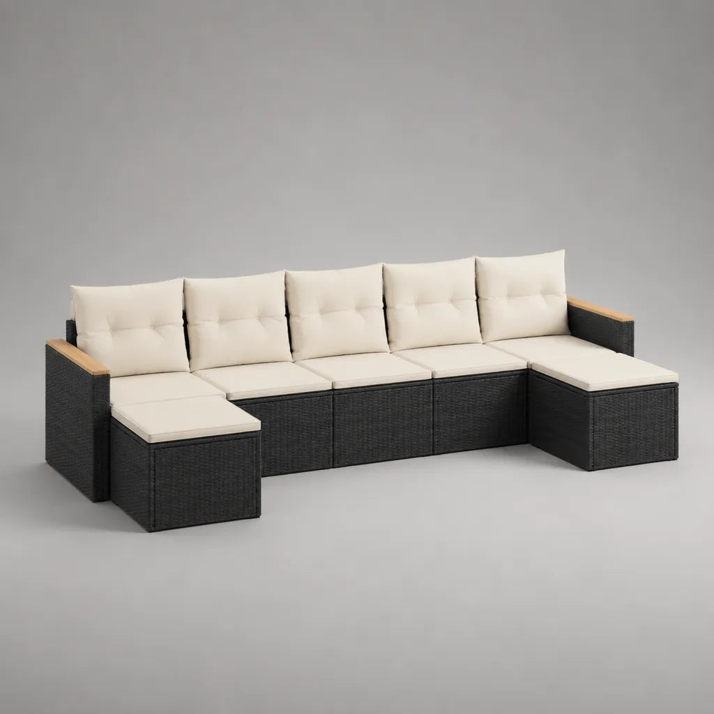 Ensemble canapé de jardin modulable 7 éléments 5 places en résine tressée noire avec coussins crème, configuration en U, 305 × 145 × 72 cm