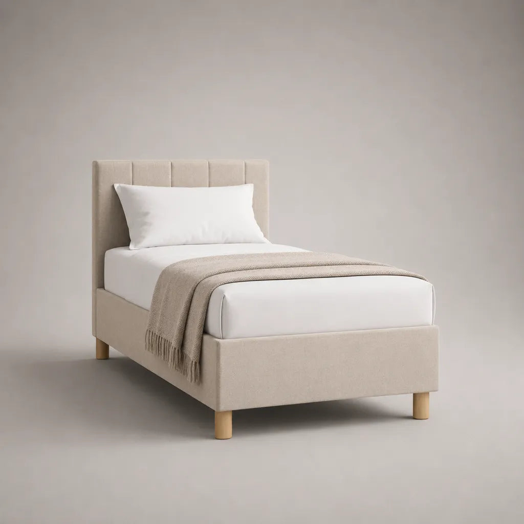 Lit simple rembourré en polyester beige 90 x 190 cm avec tête de lit à panneaux verticaux