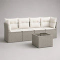 Salon de jardin extérieur 5 pièces, canapé 4 places en résine tressée gris clair avec coussins beiges et table en verre, canapé 260 × 75 × 76 cm, table 65 × 65 × 40 cm