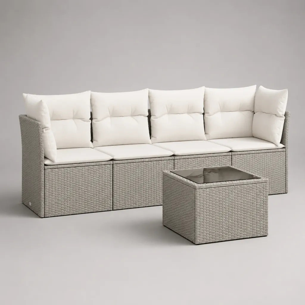 Salon de jardin extérieur 5 pièces, canapé 4 places en résine tressée gris clair avec coussins beiges et table en verre, canapé 260 × 75 × 76 cm, table 65 × 65 × 40 cm