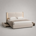 Lit double beige revêtu de polyester 160 × 200 cm, dimensions 225 × 190 × 125 cm, tête de lit à DEL et 4 tiroirs