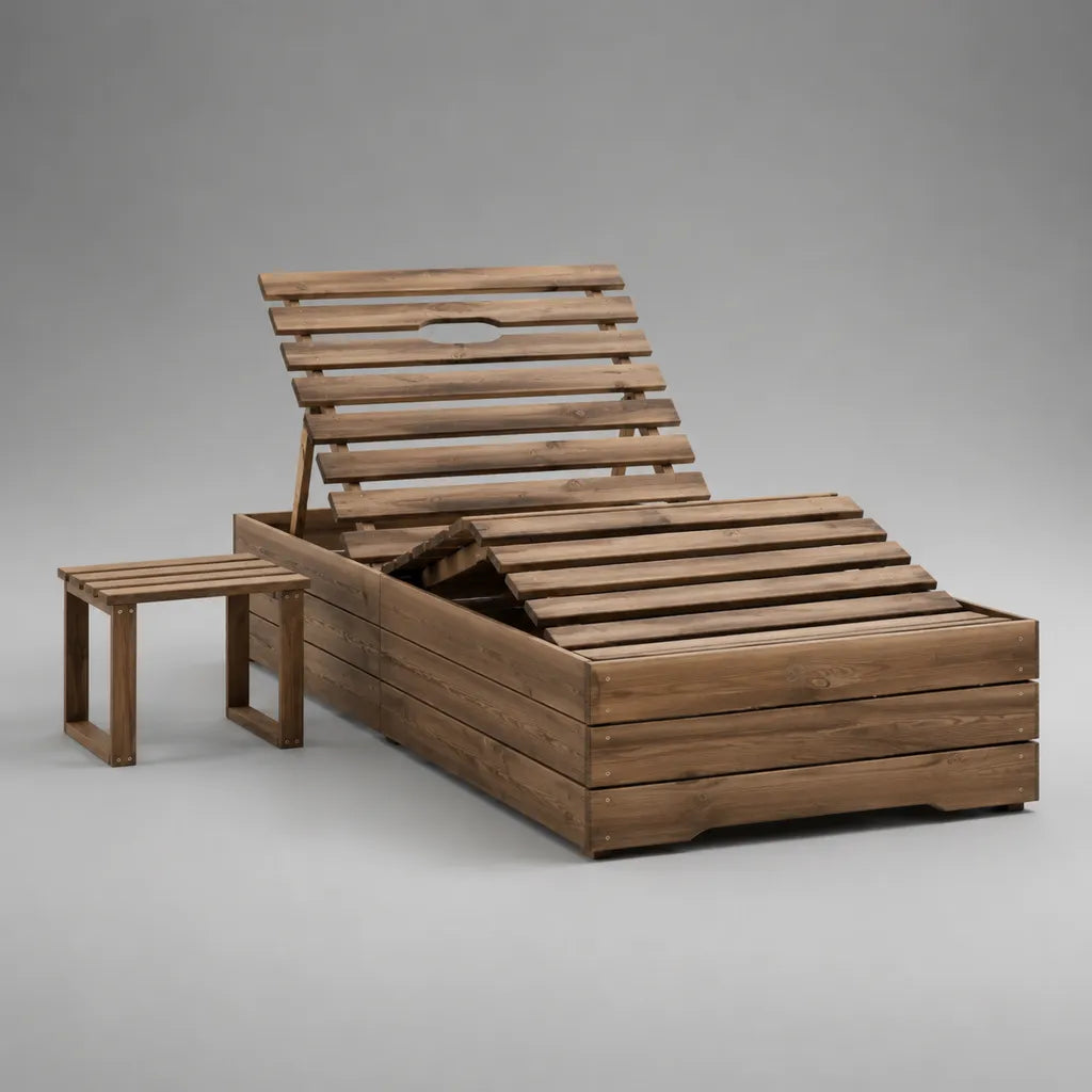 Bain de soleil réglable en pin massif brun avec table d’appoint, 2 pièces, 200 × 70 × 31,5 à 77 cm