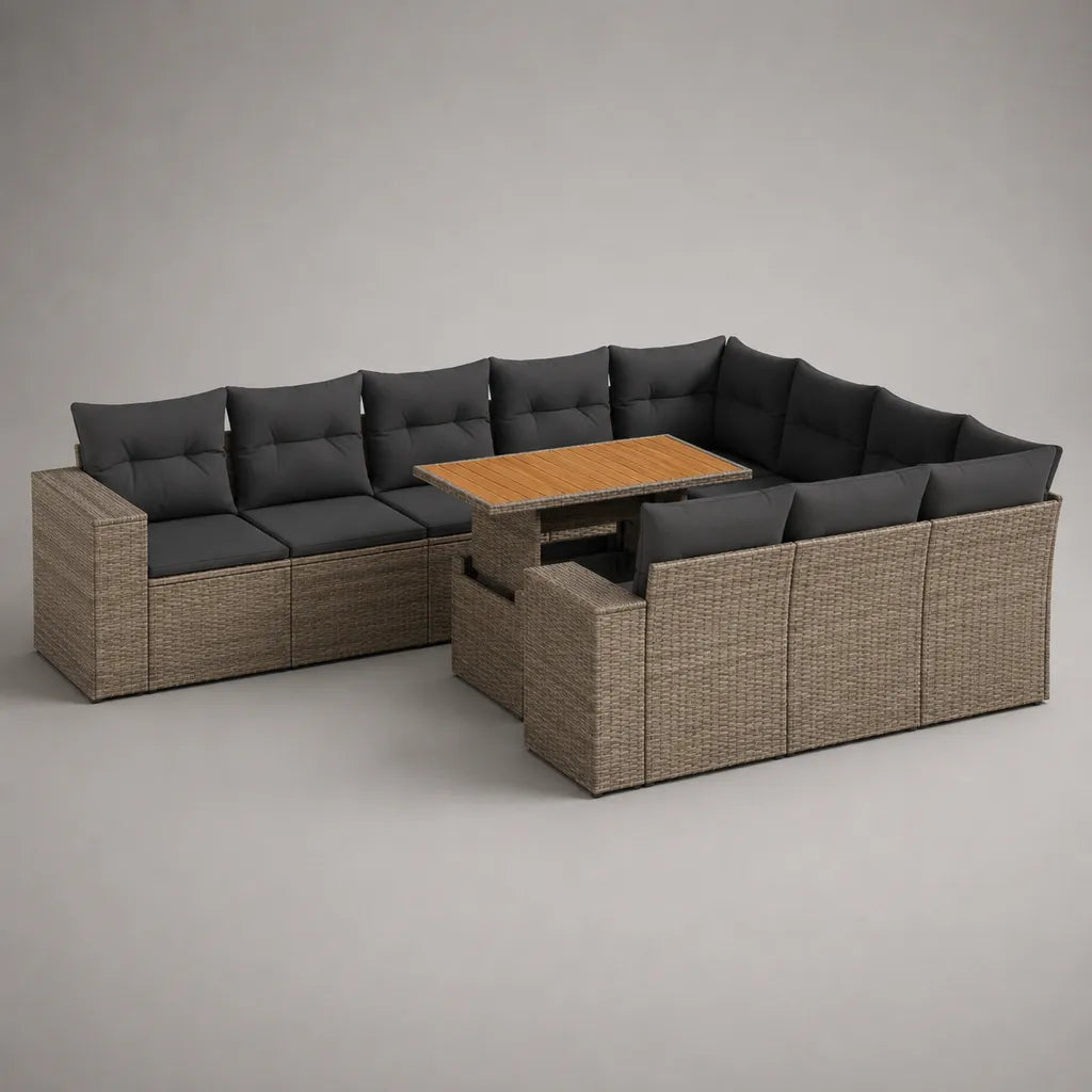 Salon de jardin extérieur 9 places avec canapé d’angle en U et table rectangulaire en résine tressée PE, 283 × 229 × 73 cm, taupe, anthracite et brun