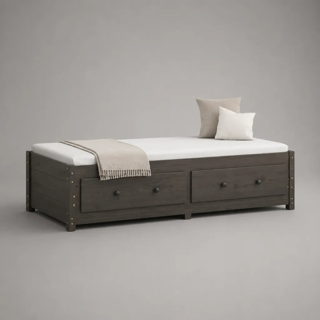 Lit-banquette 1 place en pin massif gris anthracite avec sommier et 2 tiroirs, couchage 90 x 190 cm, dimensions 196 x 96 x 55 cm