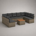 Salon d’extérieur 7 places avec canapé modulable en U et table basse, résine tressée, acier et bois, grège et gris anthracite, 315 × 220 × 74 cm