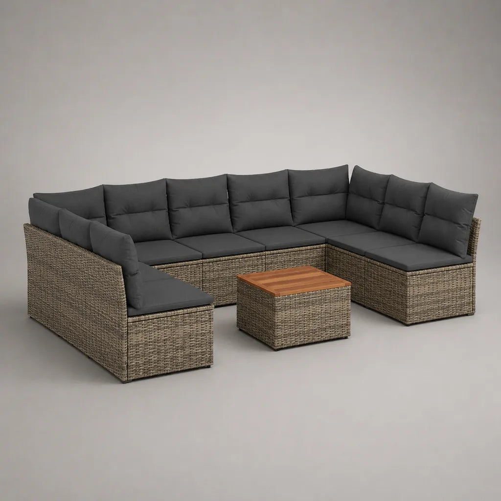 Salon d’extérieur 7 places avec canapé modulable en U et table basse, résine tressée, acier et bois, grège et gris anthracite, 315 × 220 × 74 cm